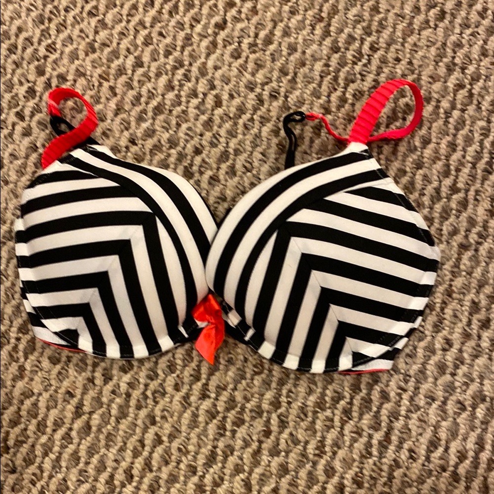 Black and White Striped Bra with Red Accents